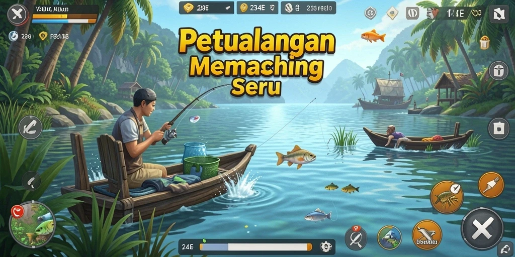 Tampilan gameplay menarik dari 234E dengan berbagai lokasi memancing.
