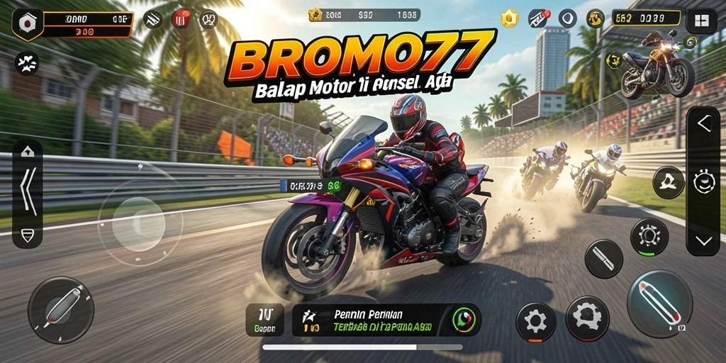 Tampilan gameplay BROMO77 yang mendebarkan dan penuh aksi balap motor.