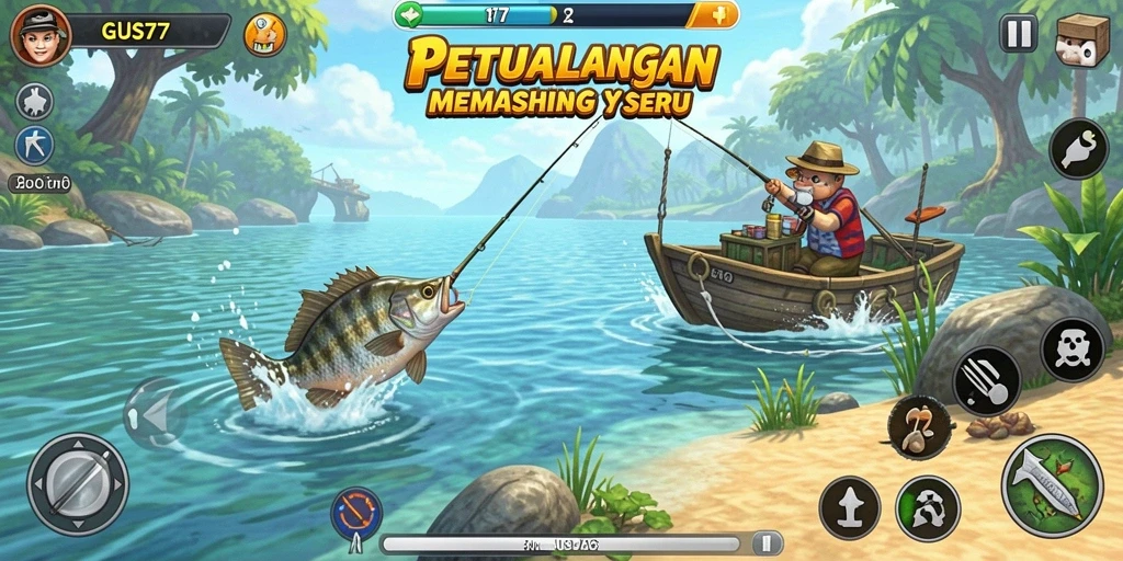 Tampilan gameplay GUS77 menampilkan aksi memancing seru dan lokasi yang indah.