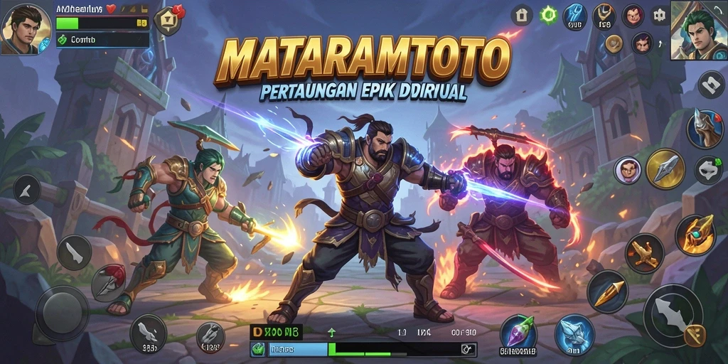 Tampilan pertarungan seru dalam MATARAMTOTO dengan karakter yang unik.