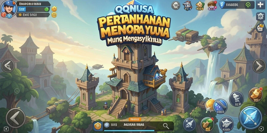Tangkapan layar QQNUSA menampilkan aksi menara bertahan dari serangan musuh.
