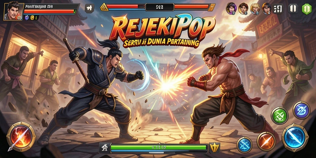 Screenshot gameplay REJEKIPOP menampilkan pertarungan seru antara dua karakter.